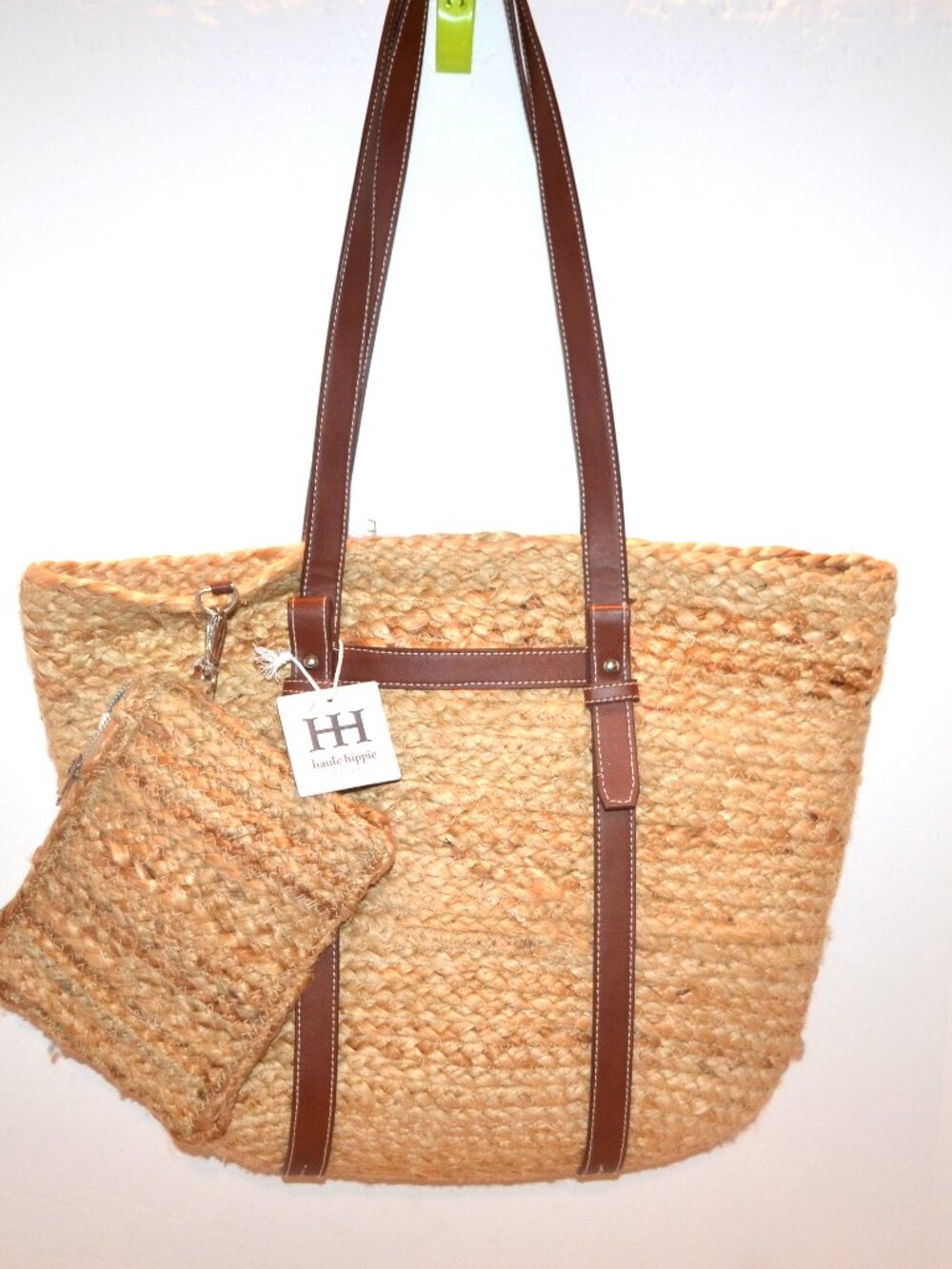 Beach Bag Tote Jute with Leather Haute Hippie NWT and Small Envelope Clutch